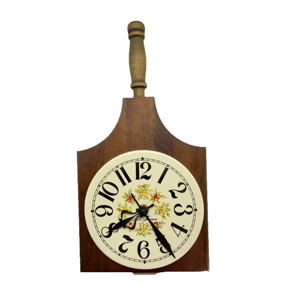 Vintage Seth Thomas MCM Retro 60s 70s Butcher Block Kitchen Wall Clock